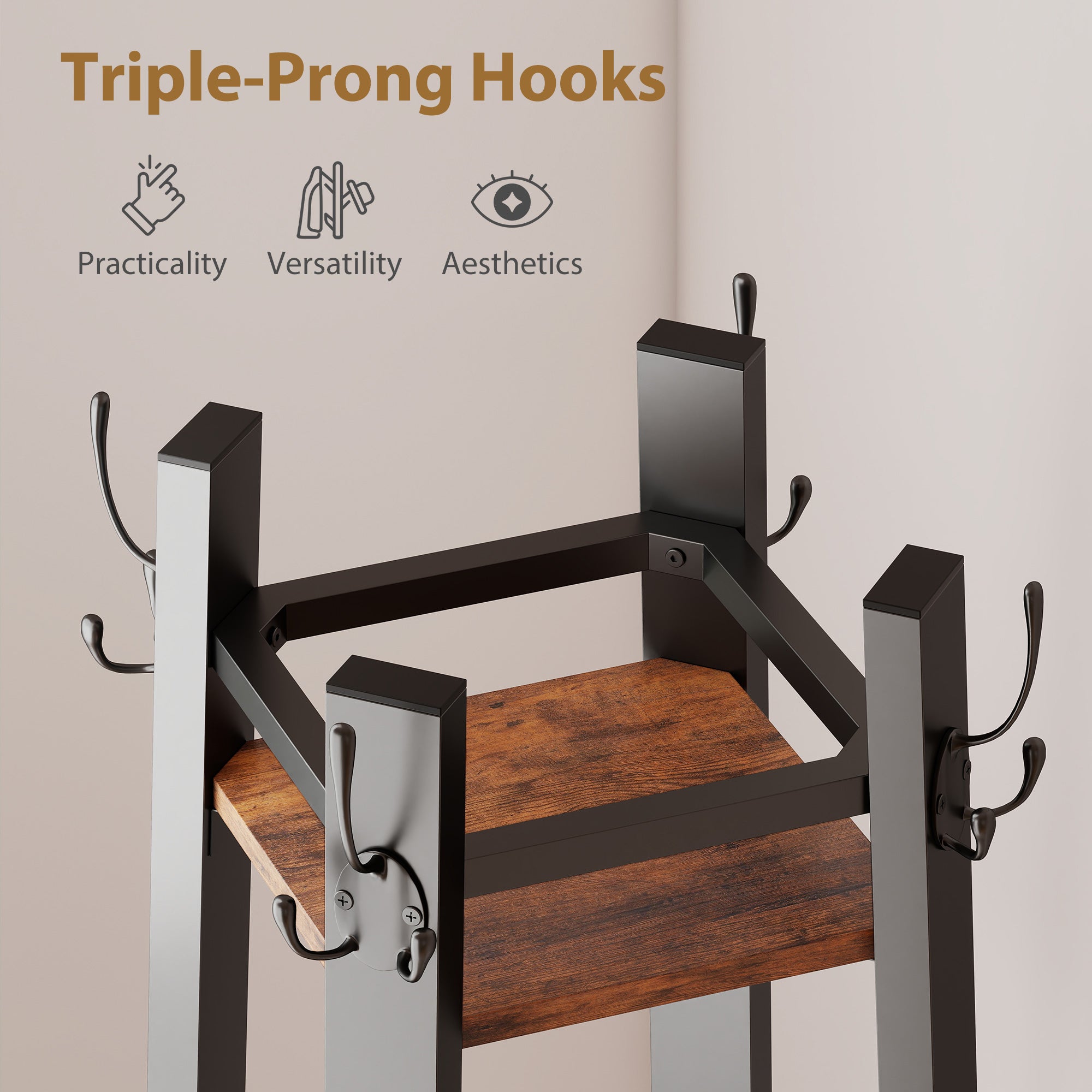 HOMCOM Industrial Coat Stand with 8 Hooks and 4 Shelves - Rustic Brown